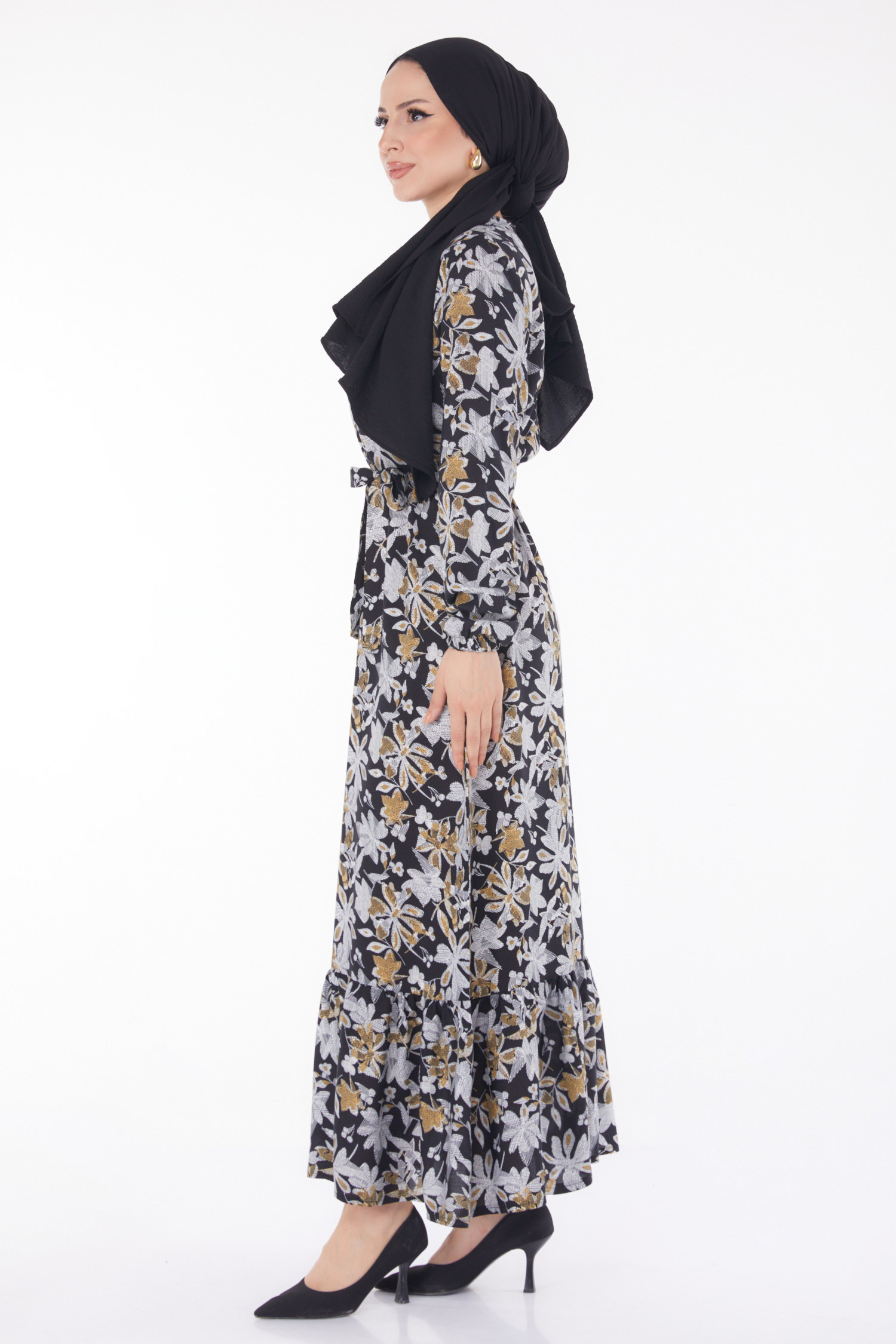 Kuşaklı Desenli Elbise Hardal - 25799 - 4