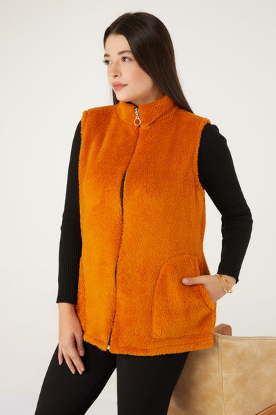Düz Hakim Yaka Kadın Hardal Peluş Yelek - 13356 