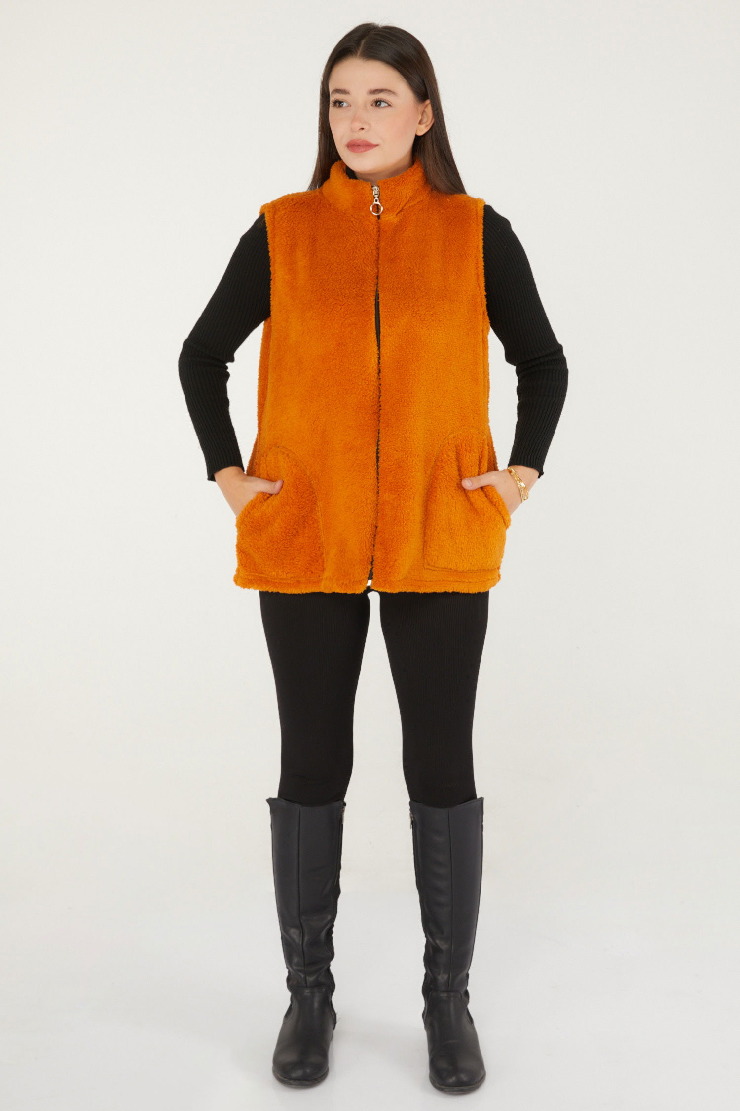 Düz Hakim Yaka Kadın Hardal Peluş Yelek - 13356 - 2