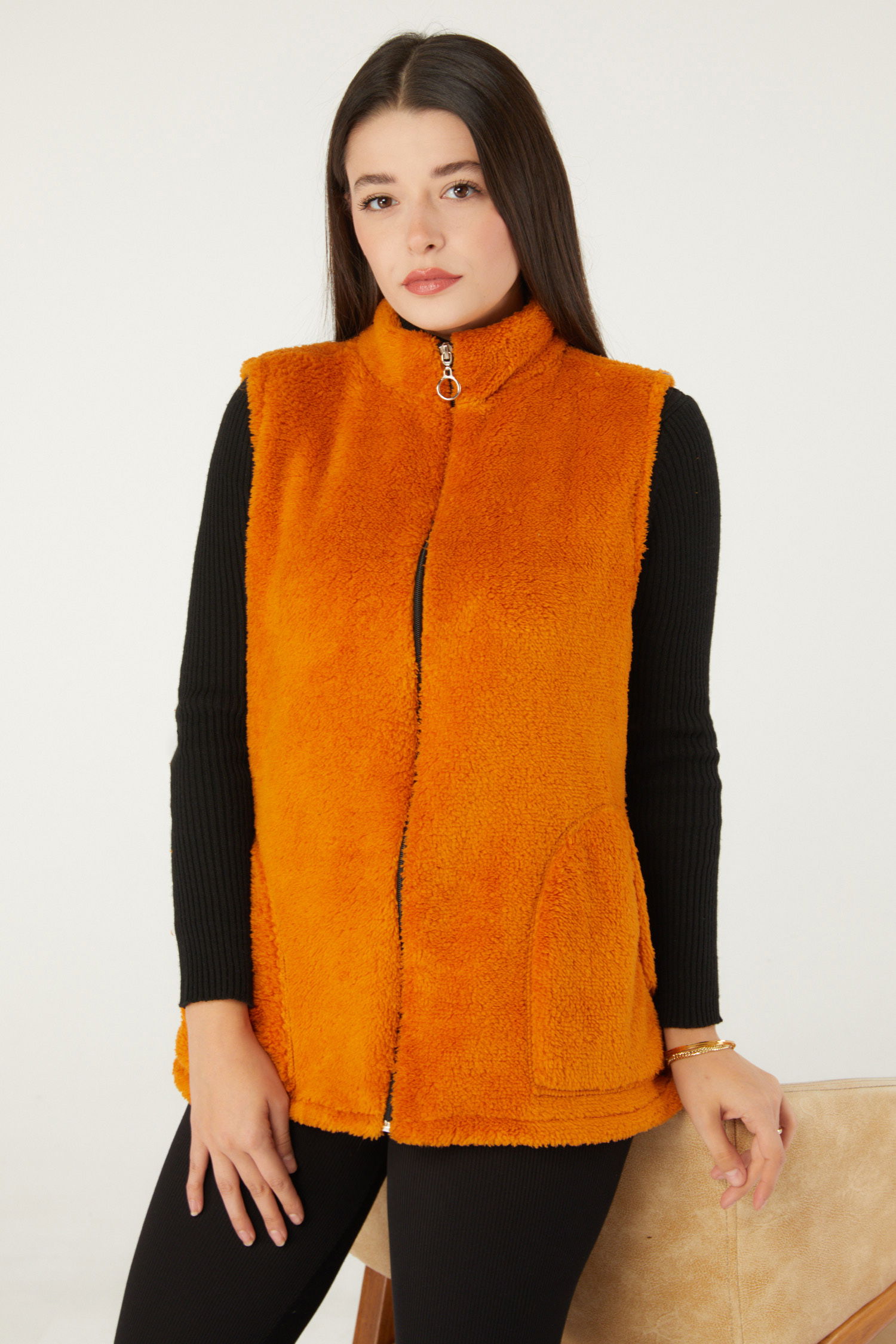 Düz Hakim Yaka Kadın Hardal Peluş Yelek - 13356 - 3