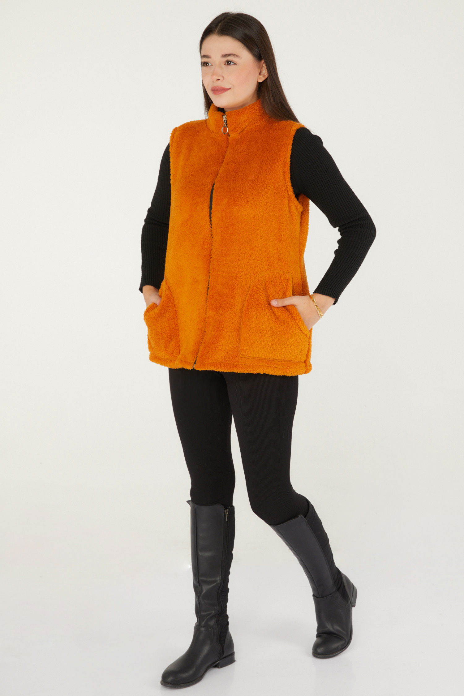 Düz Hakim Yaka Kadın Hardal Peluş Yelek - 13356 - 4