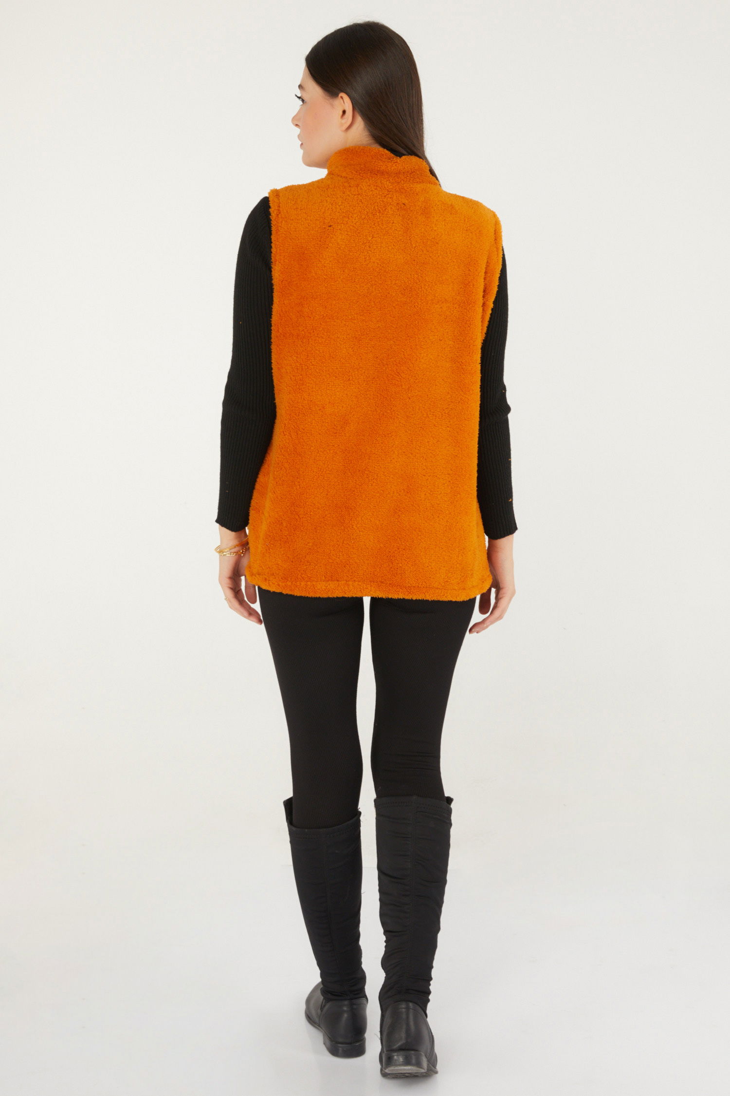 Düz Hakim Yaka Kadın Hardal Peluş Yelek - 13356 - 5