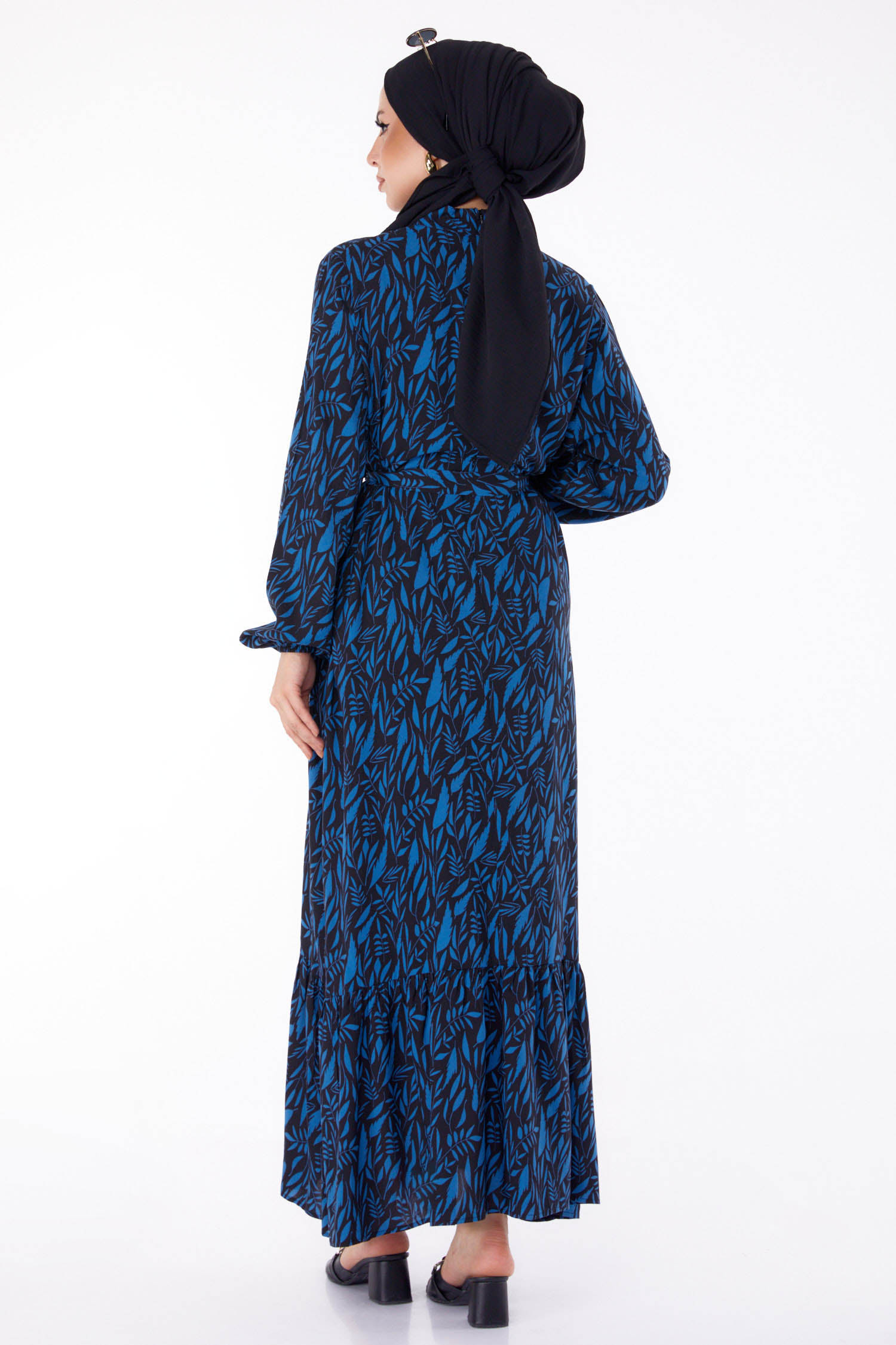 Düz Hakim Yaka Kadın Indigo Desenli Elbise - 25711 - 5