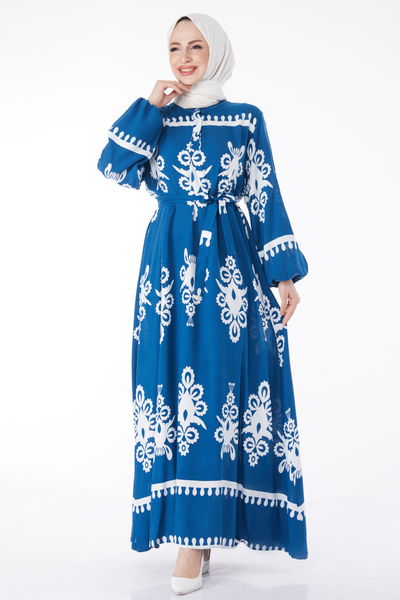 Desenli Renkli Elbise Indigo - 24989 
