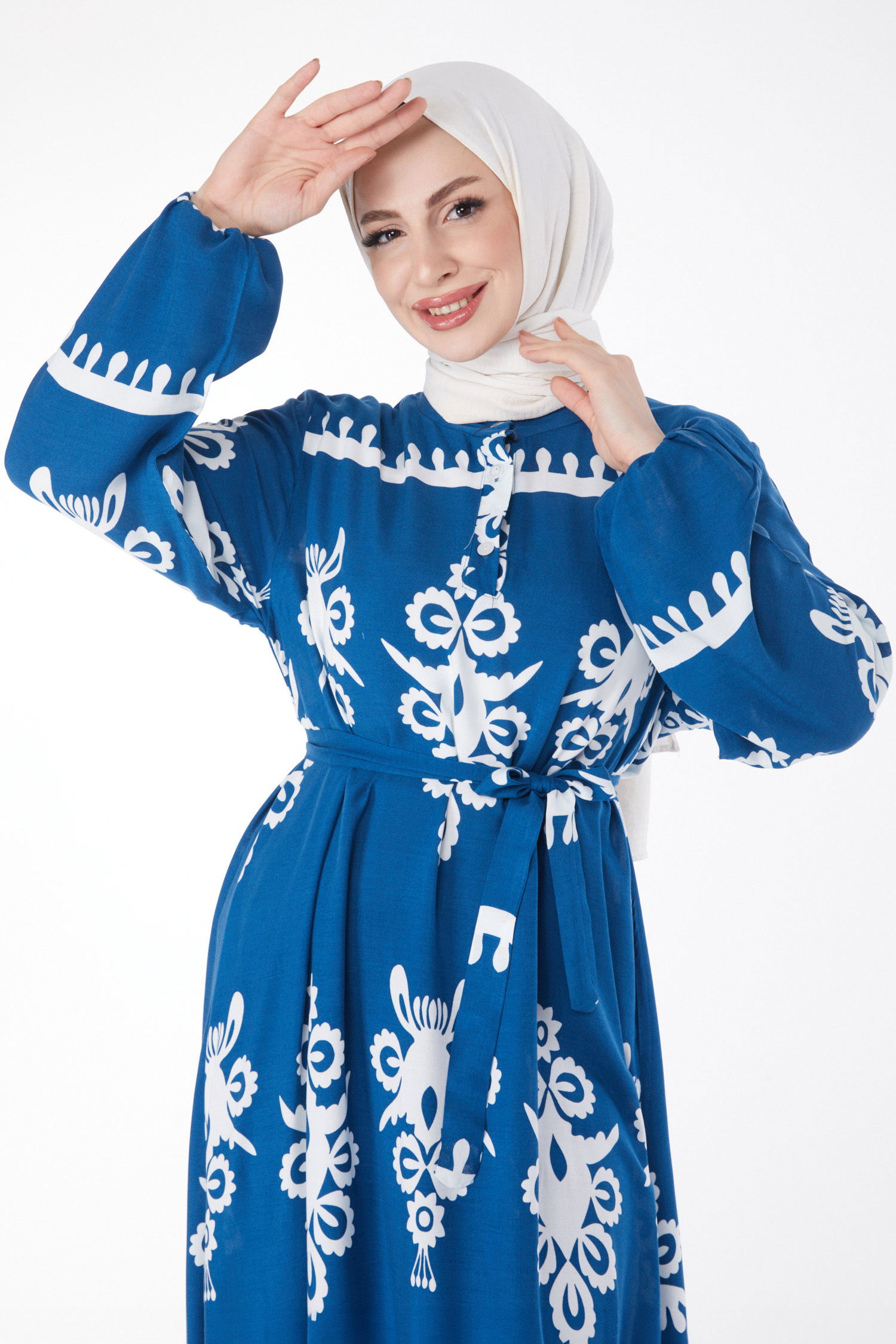 Desenli Renkli Elbise Indigo - 24989 - 2