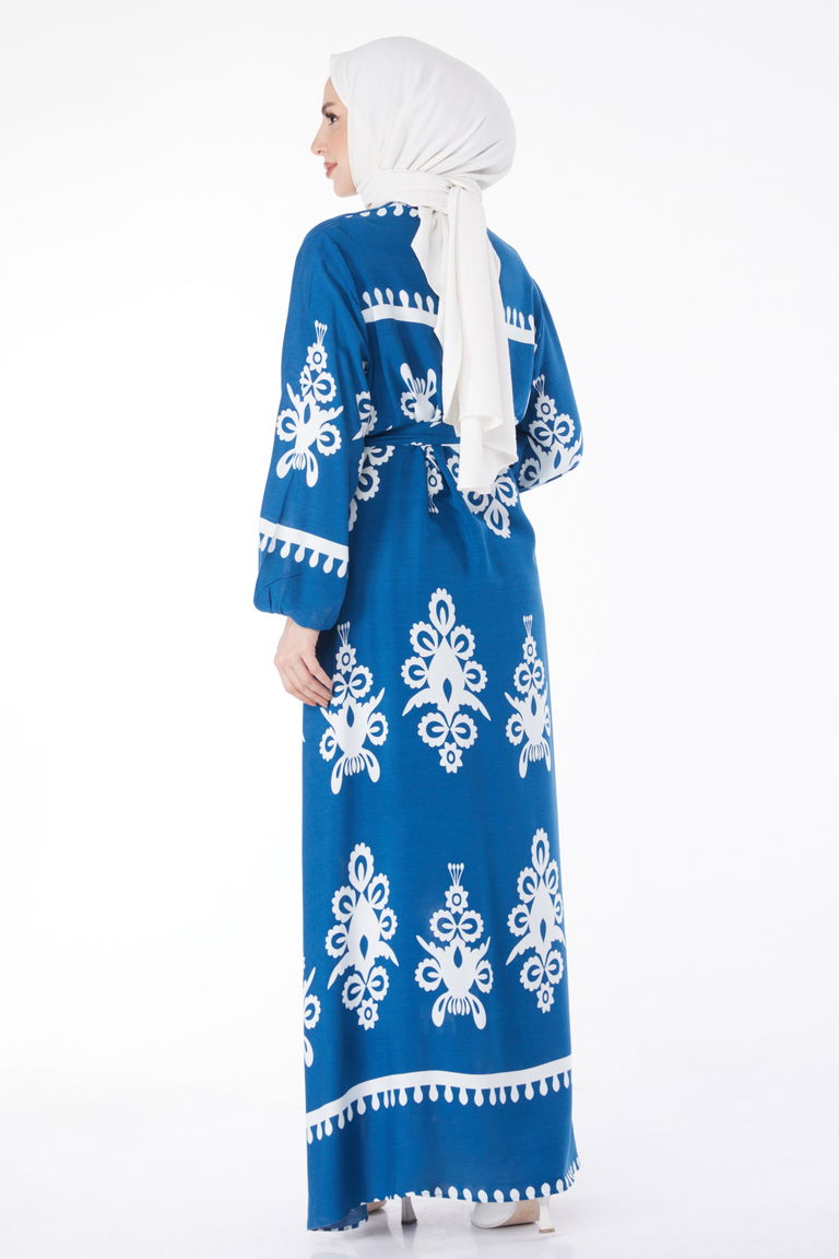 Desenli Renkli Elbise Indigo - 24989 - TOFİSA