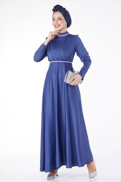 Pile Detaylı Abiye Elbise Indigo - 24900 
