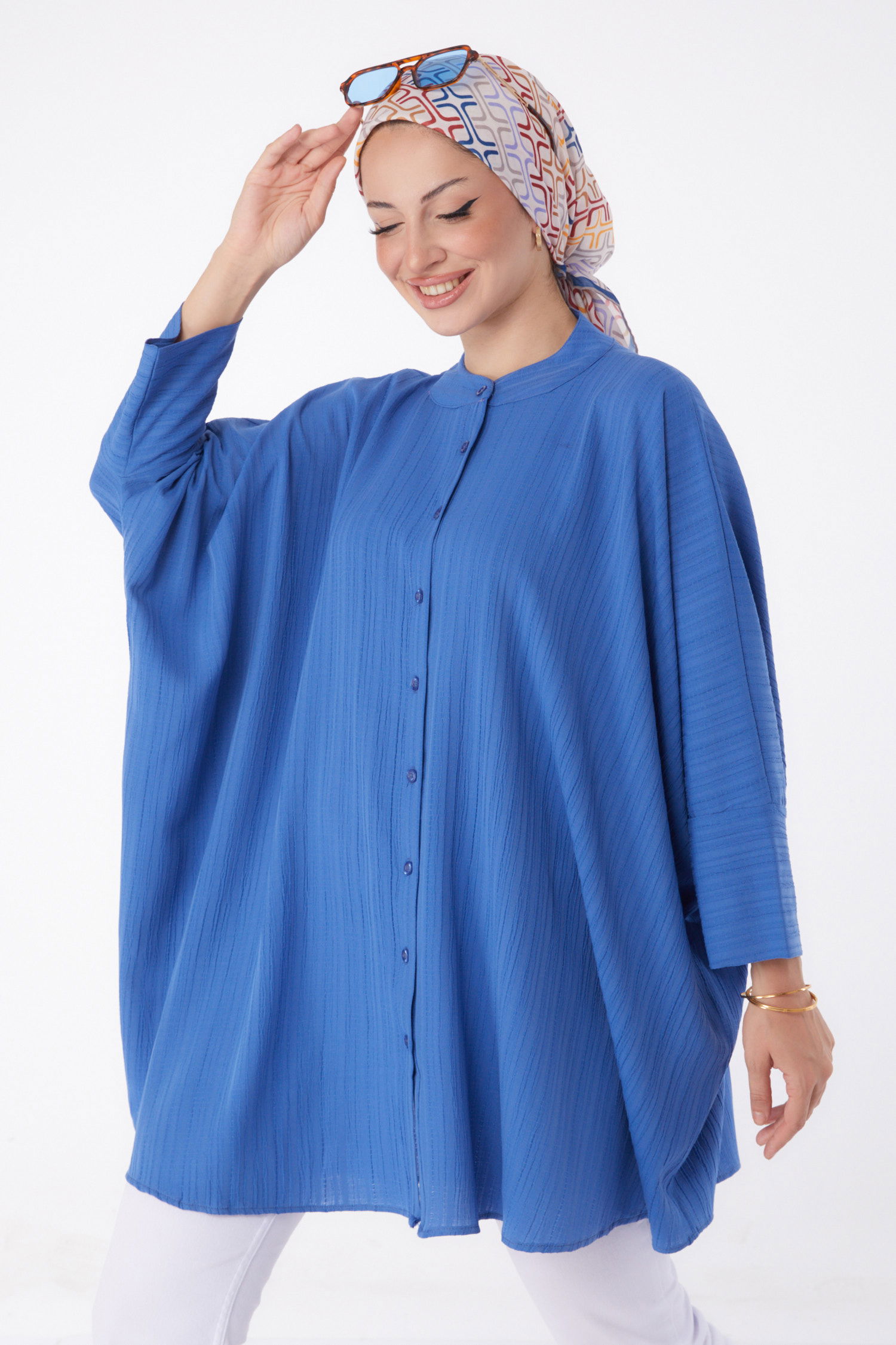 Düz Hakim Yaka Kadın Indigo Salaş Tunik - 26001 - 1