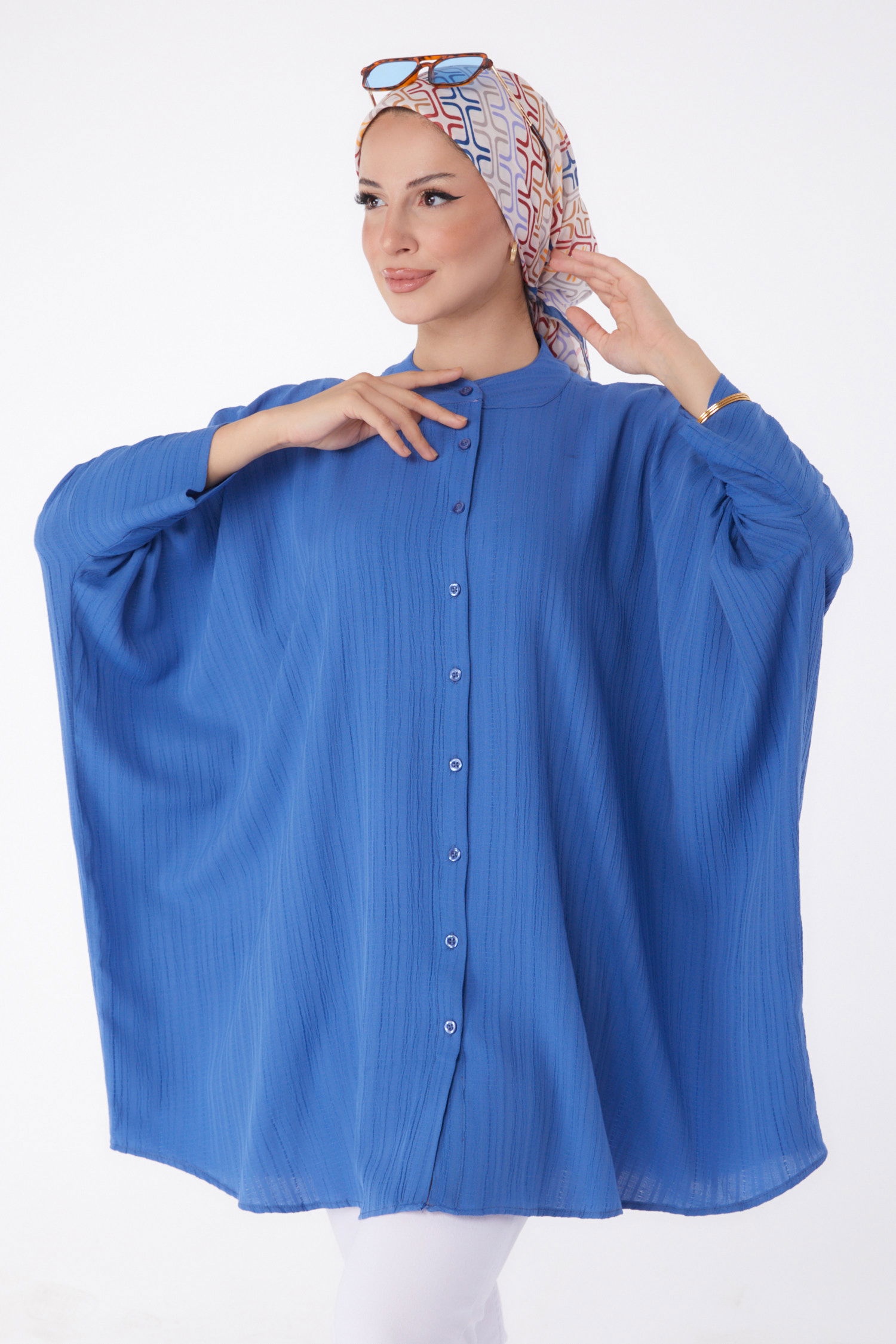 Düz Hakim Yaka Kadın Indigo Salaş Tunik - 26001 - 2