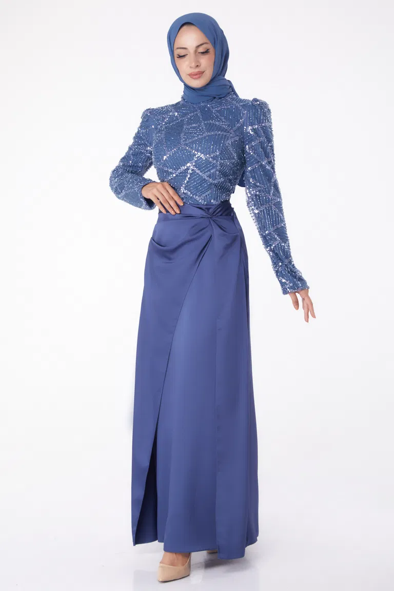 Düz Hakim Yaka Kadın Indigo Taşlı Abiye Elbise - 26196 - TOFİSA