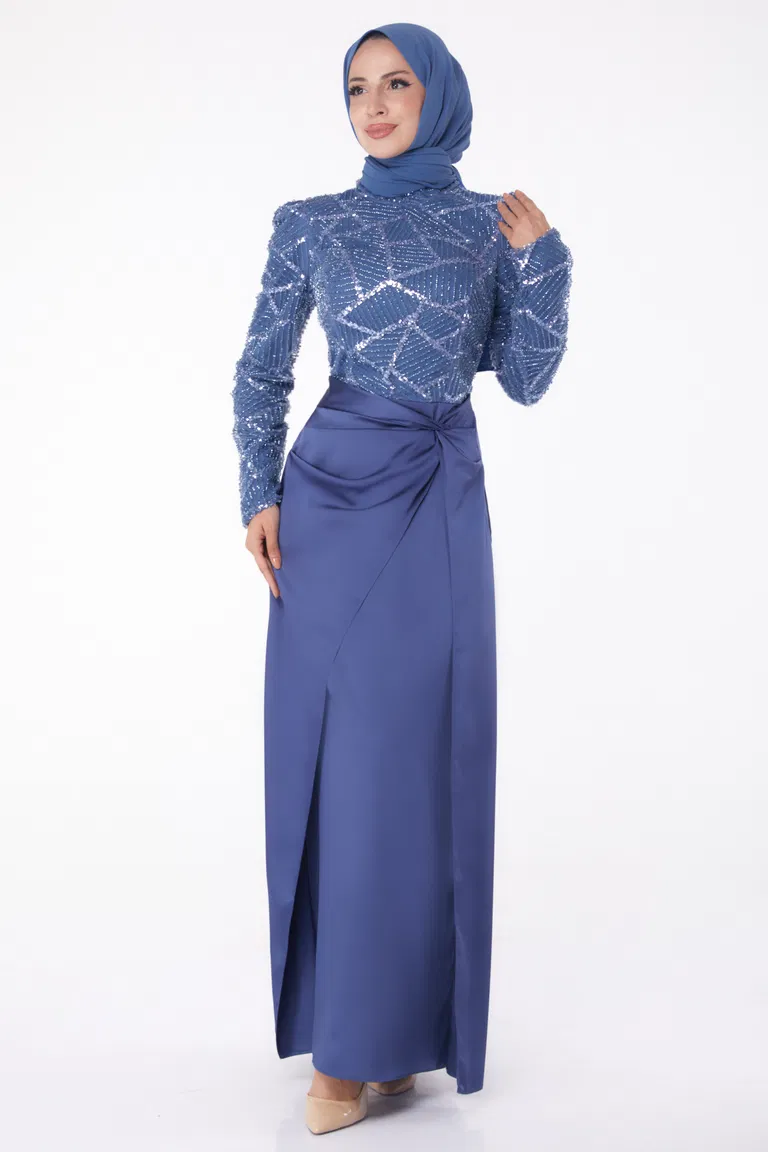 Düz Hakim Yaka Kadın Indigo Taşlı Abiye Elbise - 26196 - TOFİSA