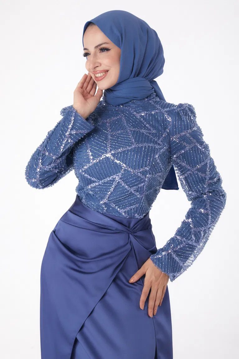 Düz Hakim Yaka Kadın Indigo Taşlı Abiye Elbise - 26196 - TOFİSA