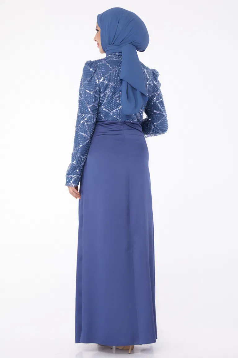 Düz Hakim Yaka Kadın Indigo Taşlı Abiye Elbise - 26196 - TOFİSA