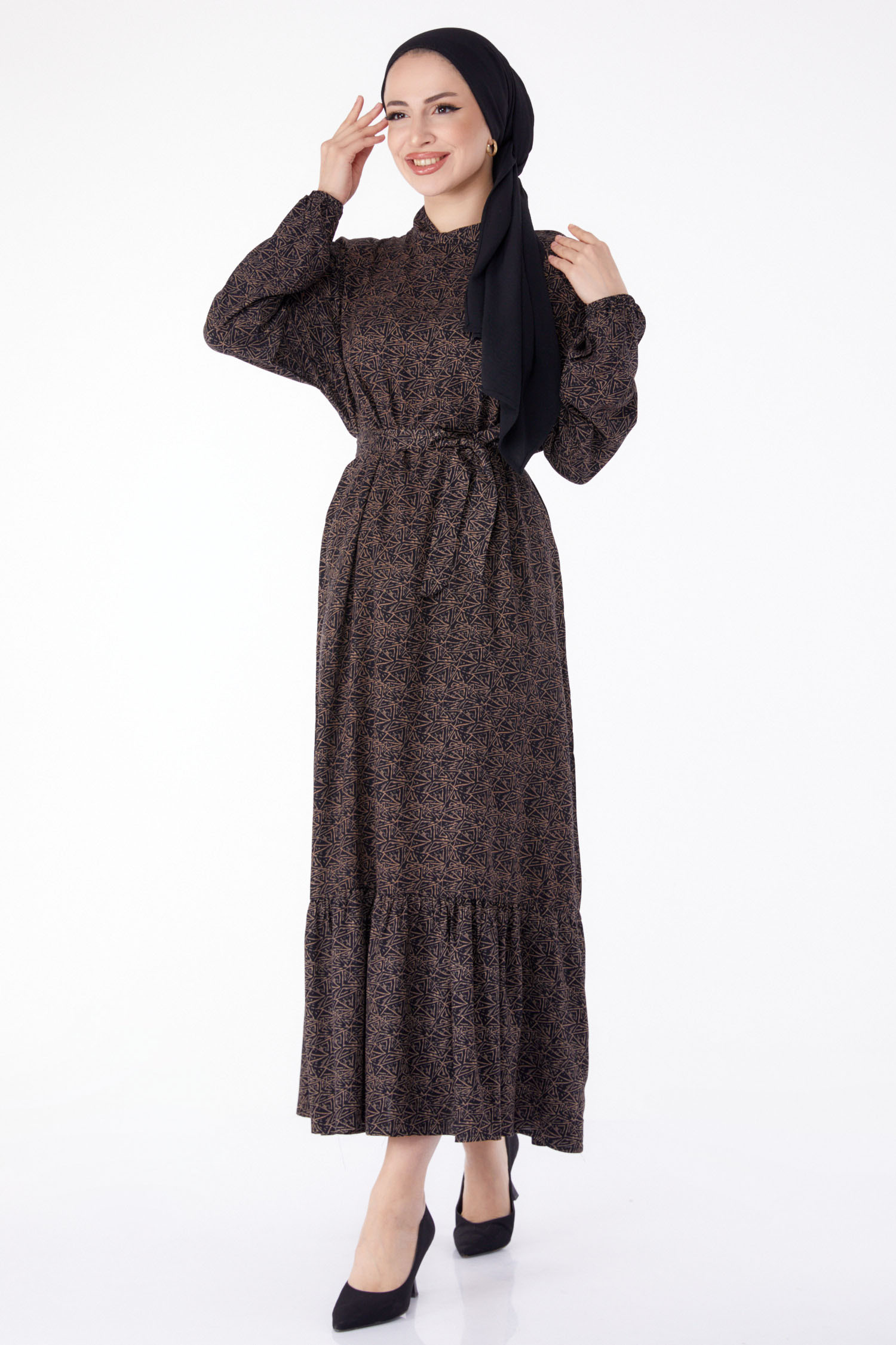 Desenli Kuşaklı Elbise Kahve - 25344 - 1