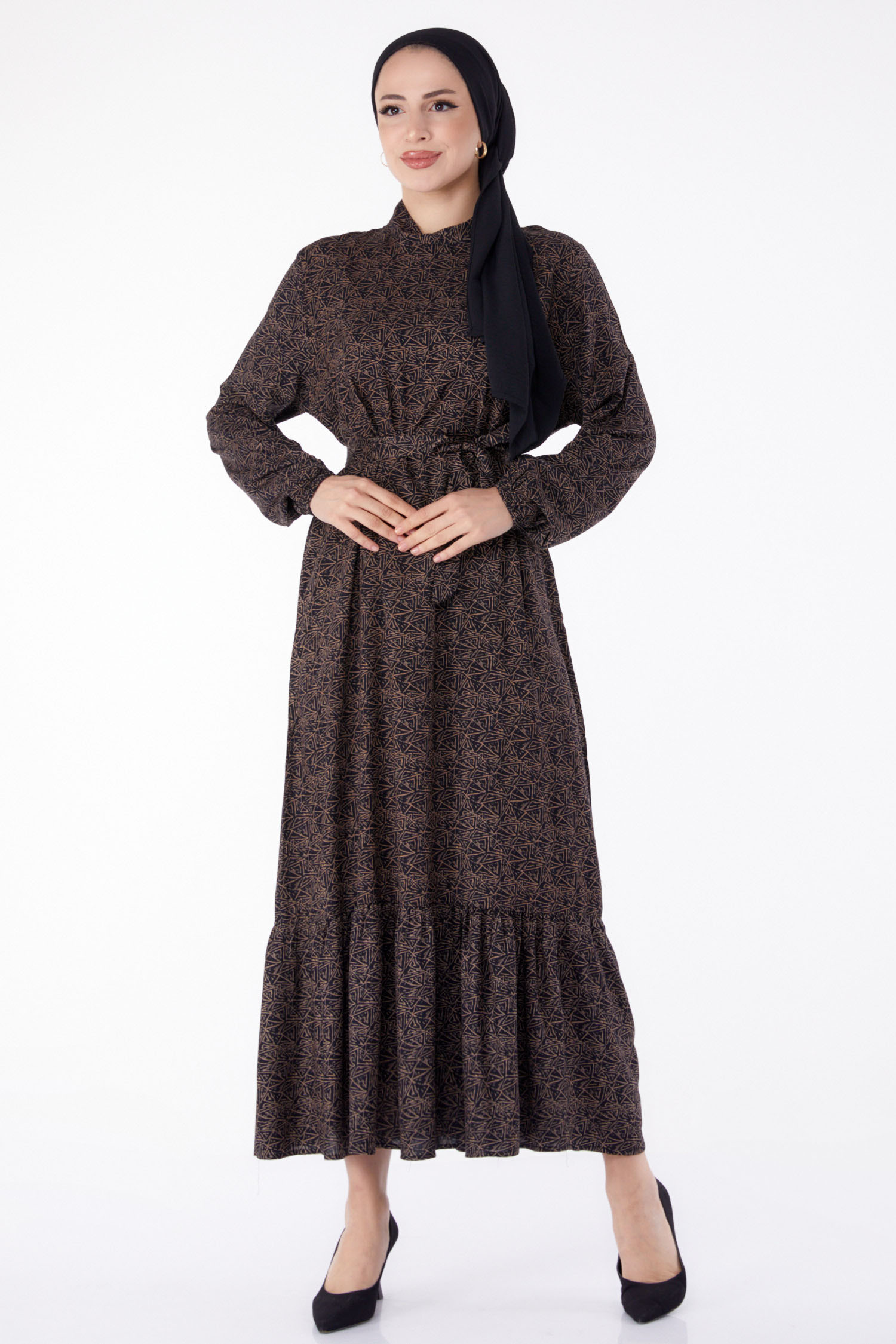 Desenli Kuşaklı Elbise Kahve - 25344 - 2