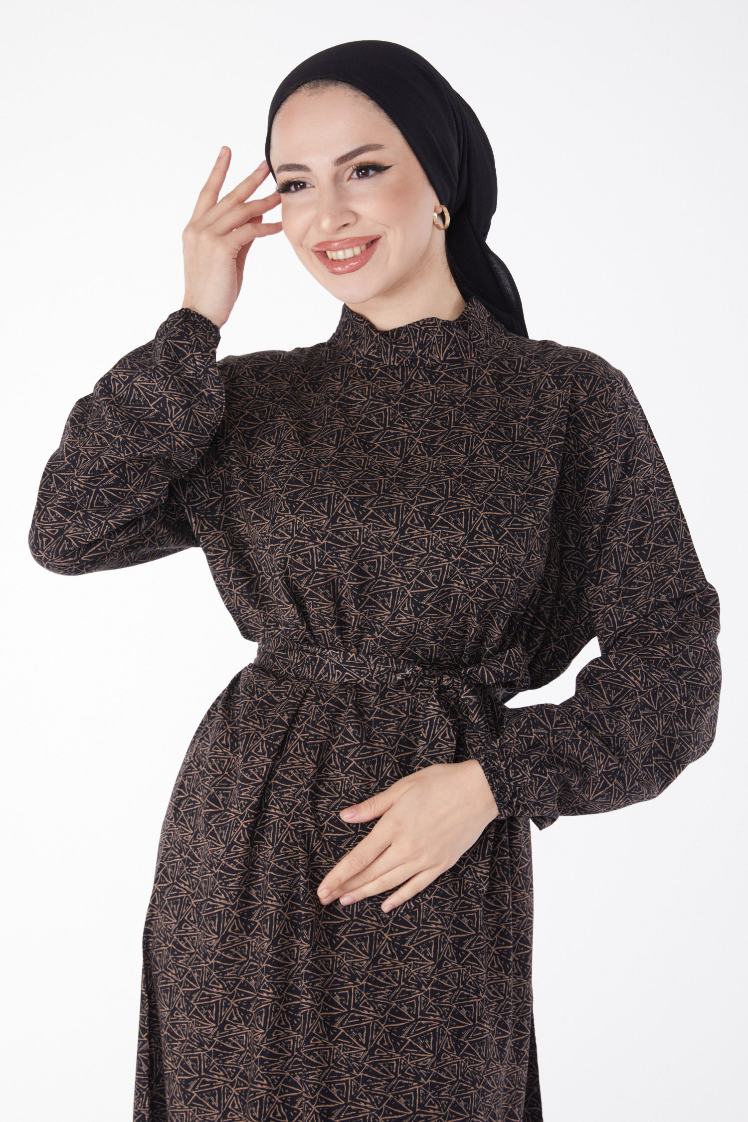 Desenli Kuşaklı Elbise Kahve - 25344 - 3