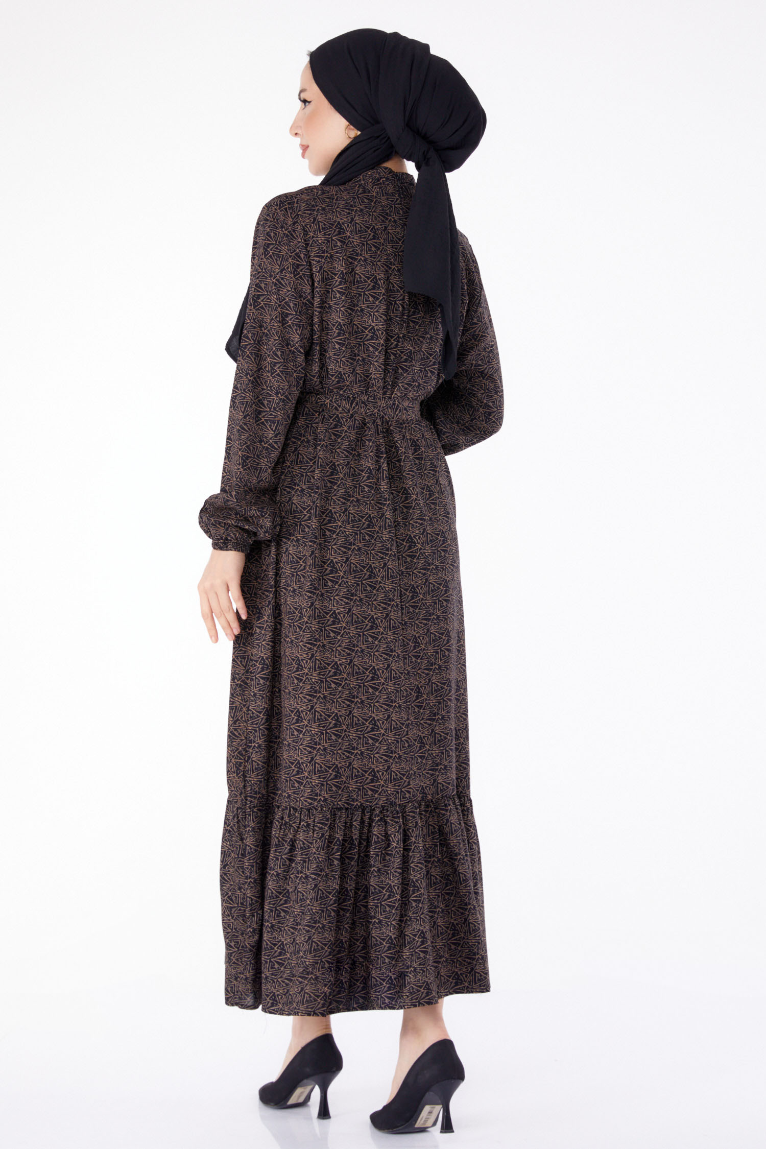 Desenli Kuşaklı Elbise Kahve - 25344 - 5