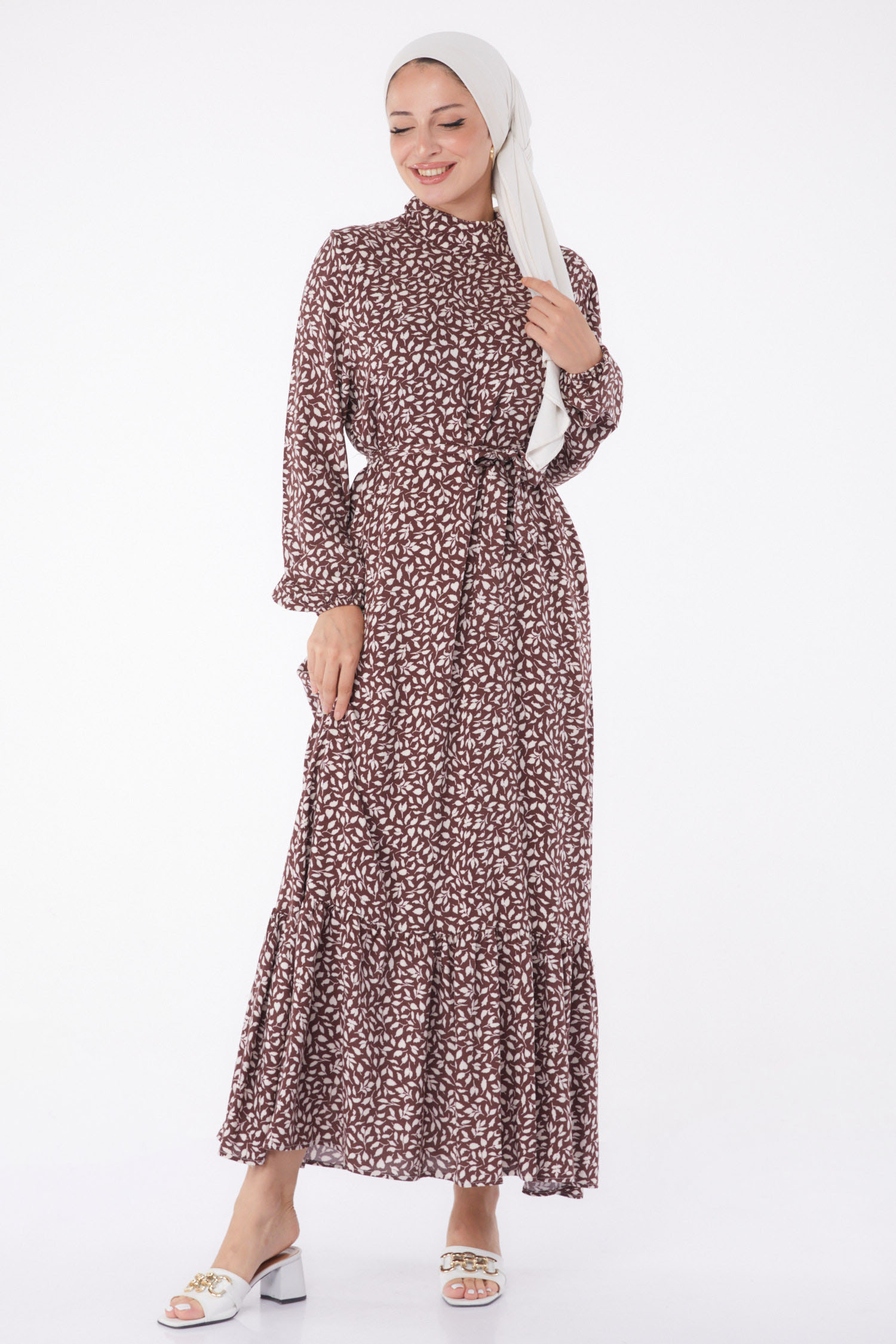 Desenli Kuşaklı Elbise Kahve - 26023 - 2