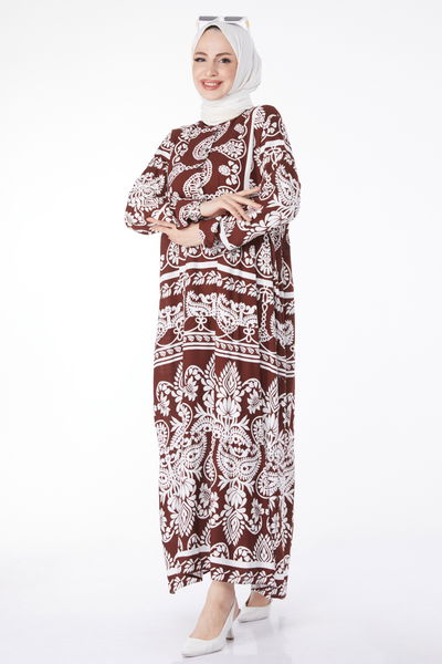 Desenli Renkli Elbise Kahve - 24988 