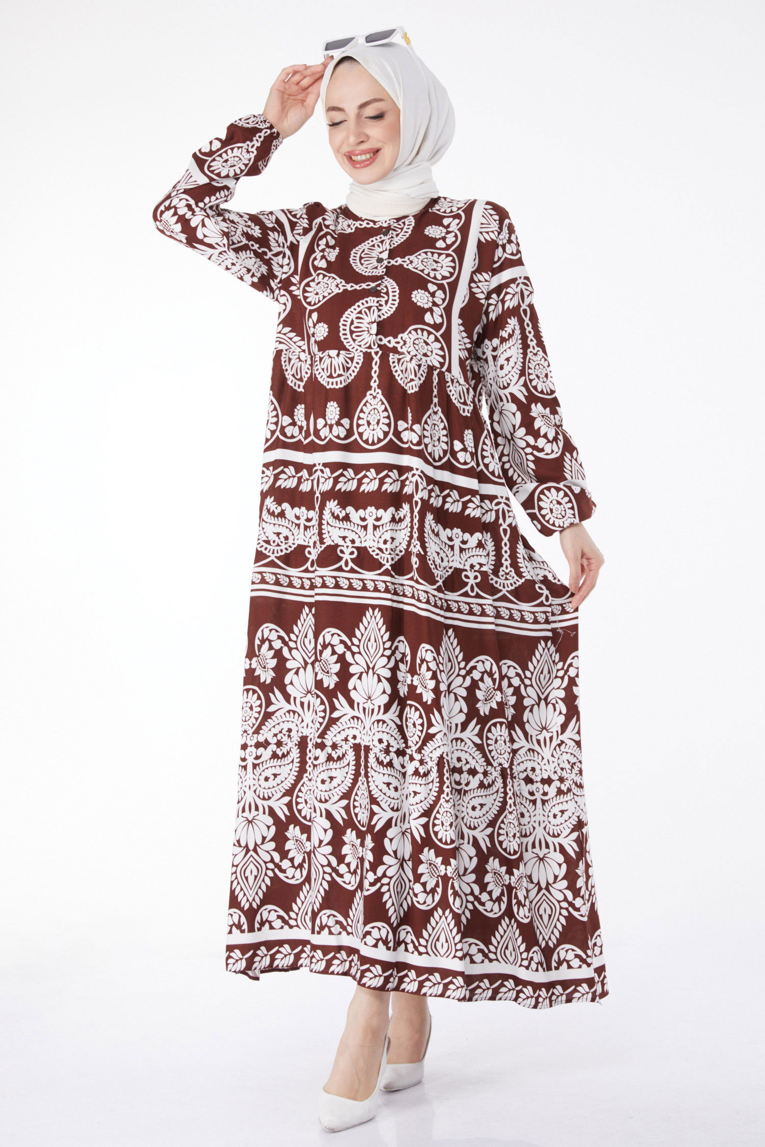 Desenli Renkli Elbise Kahve - 24988 - 2