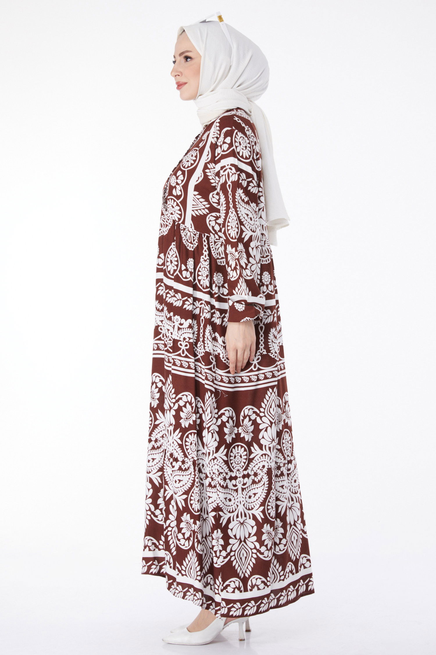 Desenli Renkli Elbise Kahve - 24988 - 4