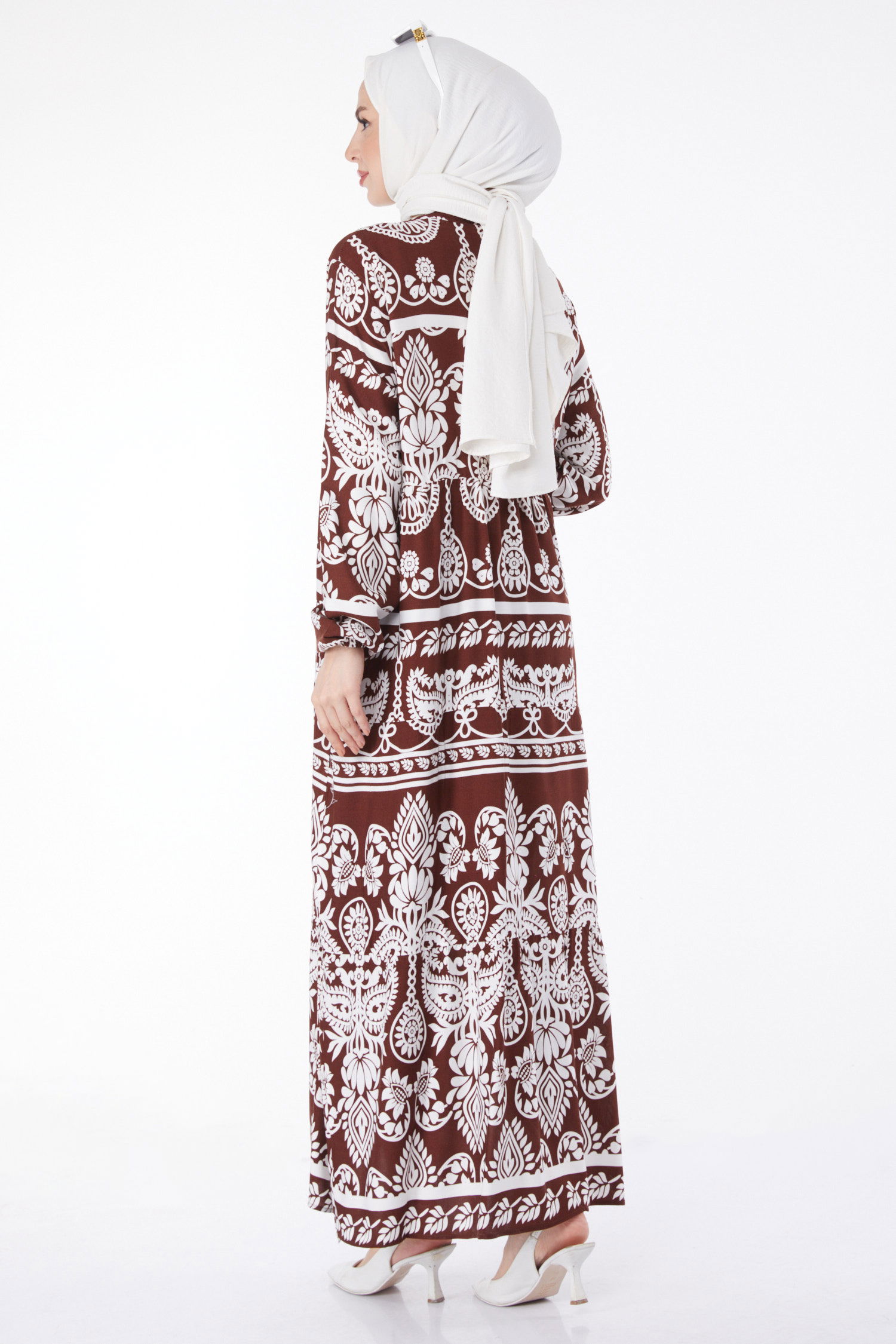 Desenli Renkli Elbise Kahve - 24988 - 5