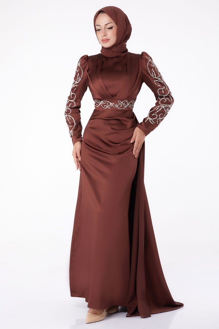 Düz Hakim Yaka Kadın Kahve Taşlı Prenses Abiye Elbise - 26253 - TOFİSA