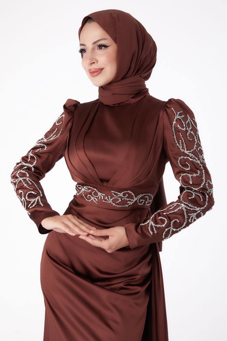 Düz Hakim Yaka Kadın Kahve Taşlı Prenses Abiye Elbise - 26253 - TOFİSA