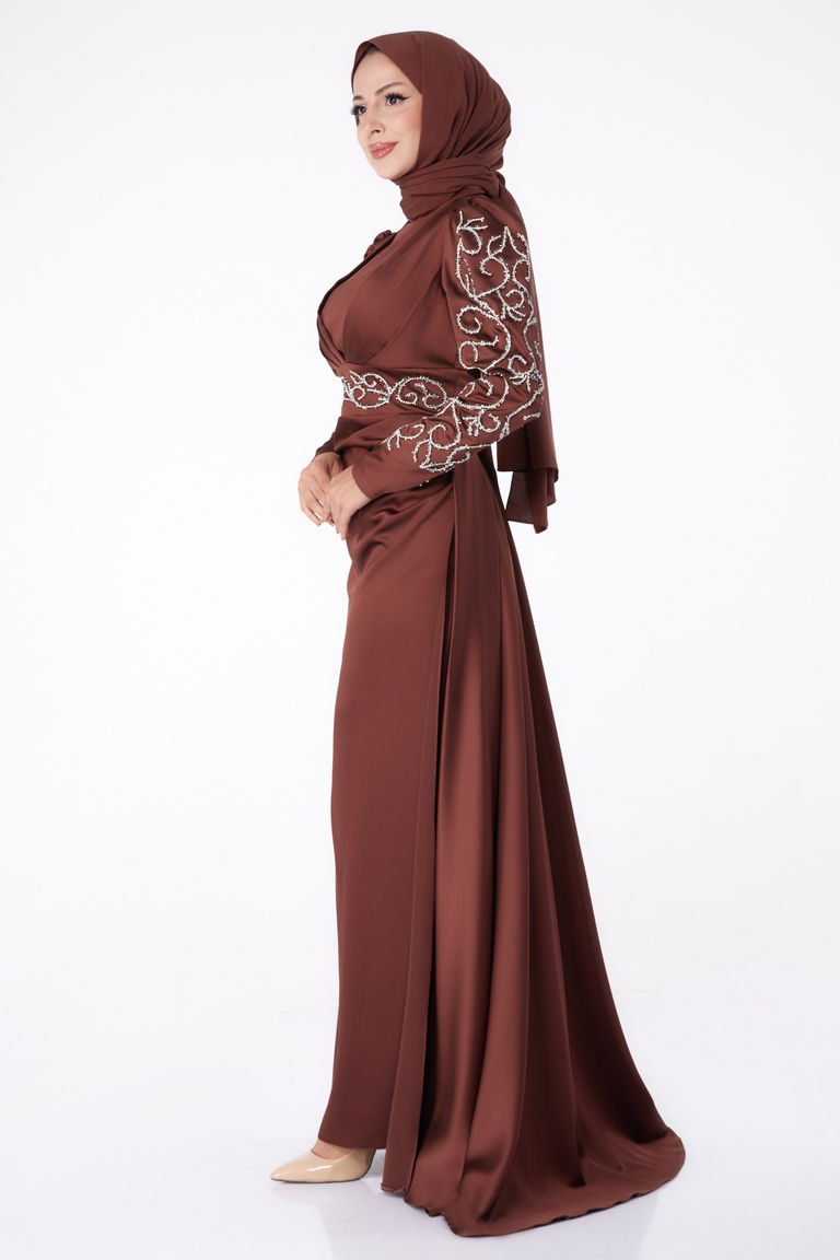 Düz Hakim Yaka Kadın Kahve Taşlı Prenses Abiye Elbise - 26253 - TOFİSA