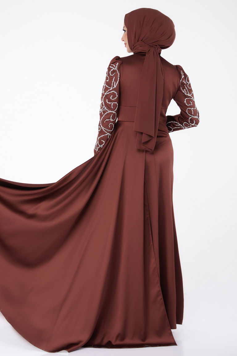 Düz Hakim Yaka Kadın Kahve Taşlı Prenses Abiye Elbise - 26253 - TOFİSA