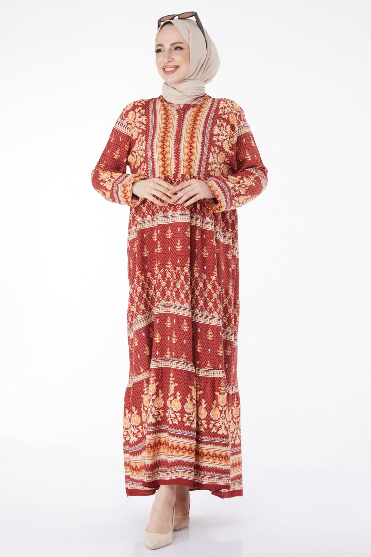 Desenli Renkli Elbise Kiremit - 24995 - 1