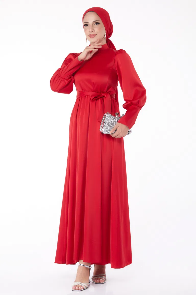 Düz Hakim Yaka Kadın Kirmizi Kuşaklı Abiye Elbise - 26145 - TOFİSA