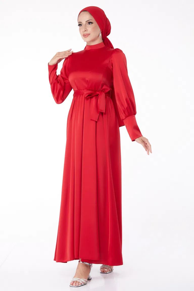 Düz Hakim Yaka Kadın Kirmizi Kuşaklı Abiye Elbise - 26145 - TOFİSA