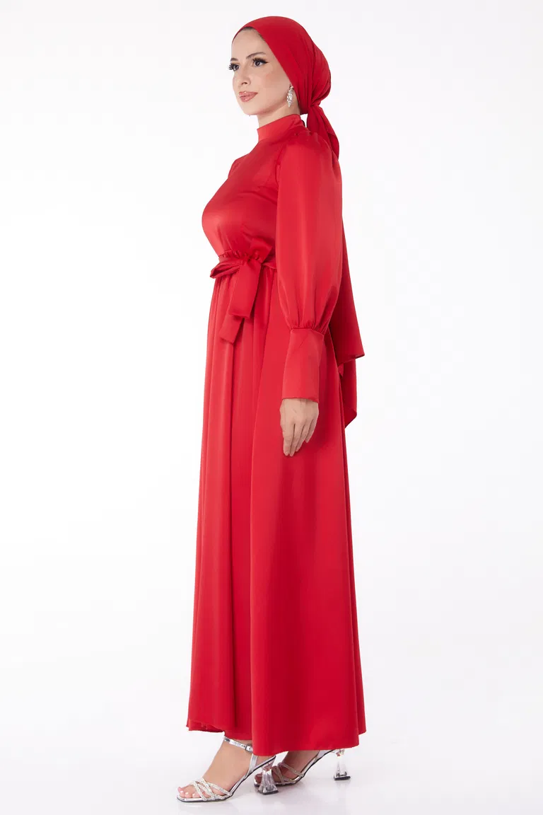 Düz Hakim Yaka Kadın Kirmizi Kuşaklı Abiye Elbise - 26145 - TOFİSA
