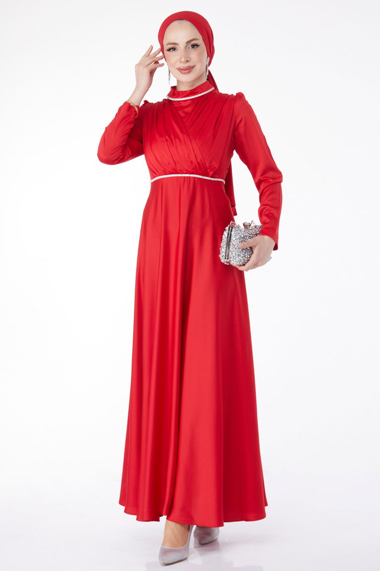 Düz Hakim Yaka Kadın Kirmizi Pile Detaylı Abiye Elbise - 24900 - TOFİSA