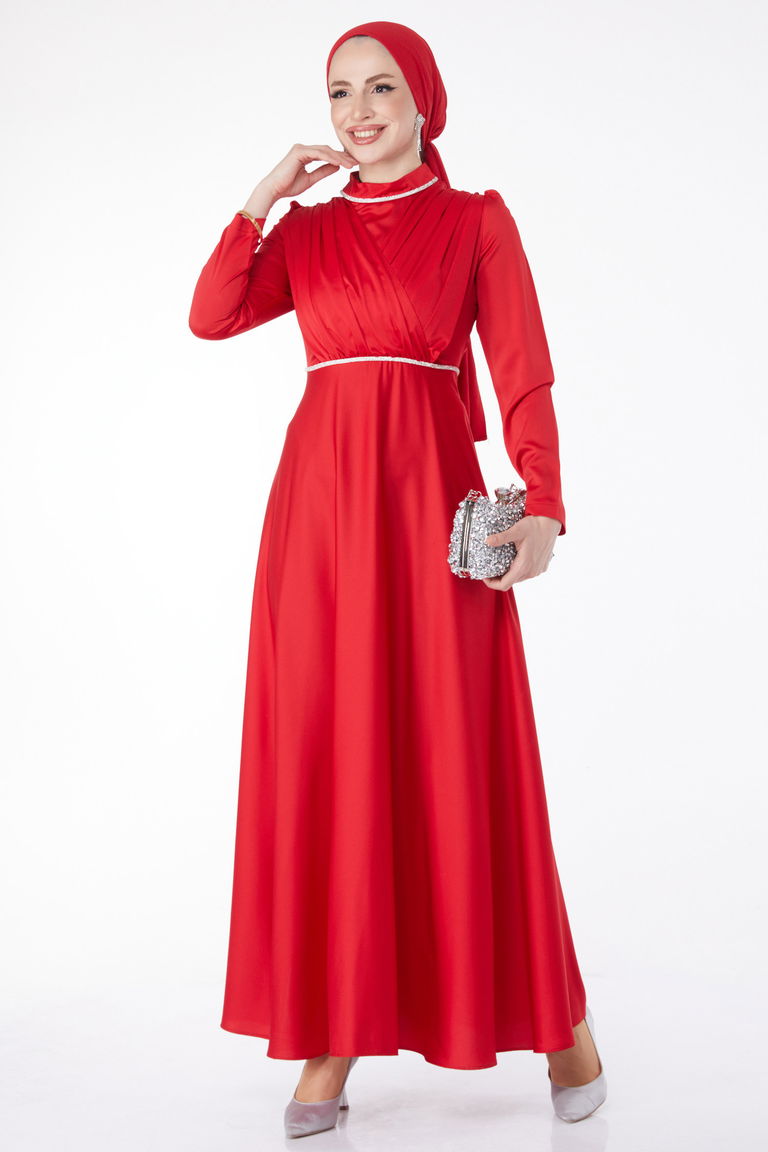 Düz Hakim Yaka Kadın Kirmizi Pile Detaylı Abiye Elbise - 24900 - TOFİSA