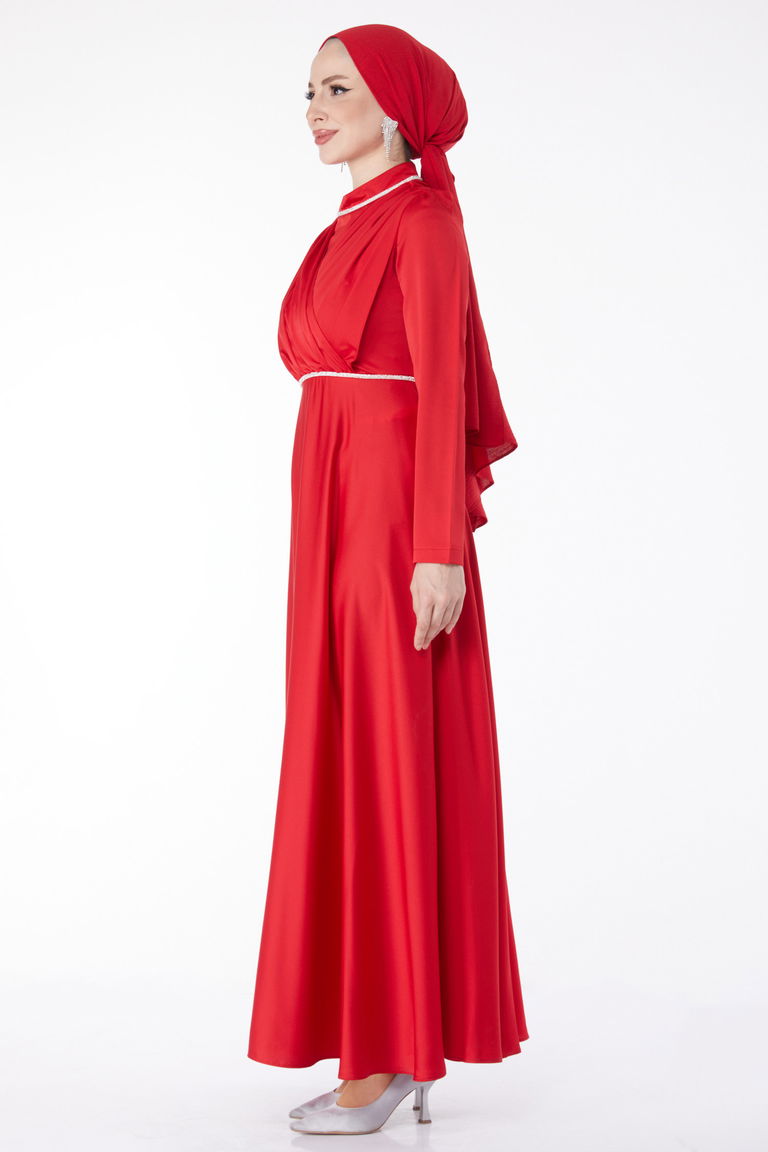 Düz Hakim Yaka Kadın Kirmizi Pile Detaylı Abiye Elbise - 24900 - TOFİSA