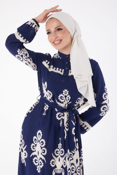 Desenli Kuşaklı Elbise Lacivert - 13267 