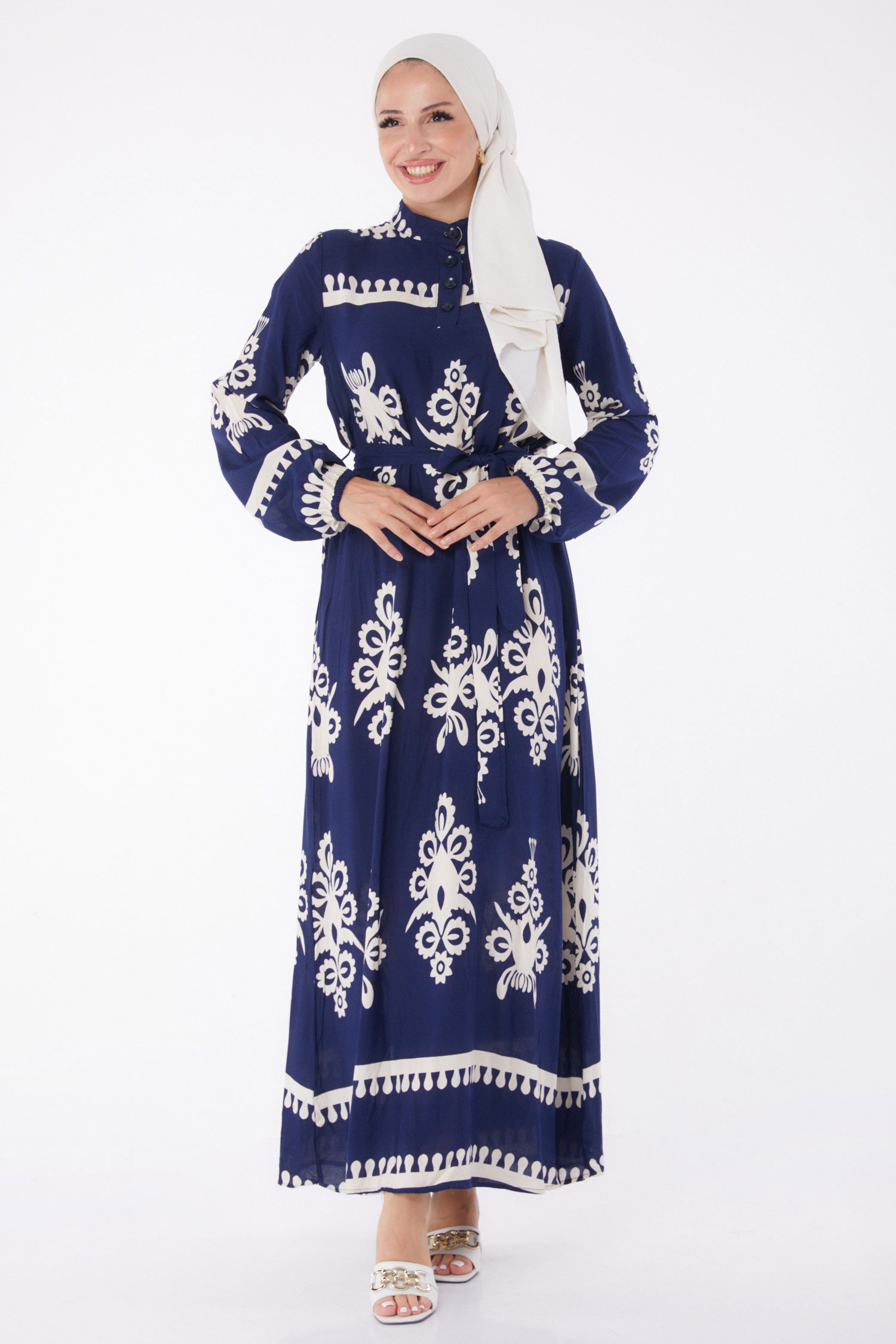 Desenli Kuşaklı Elbise Lacivert - 13267 - 2