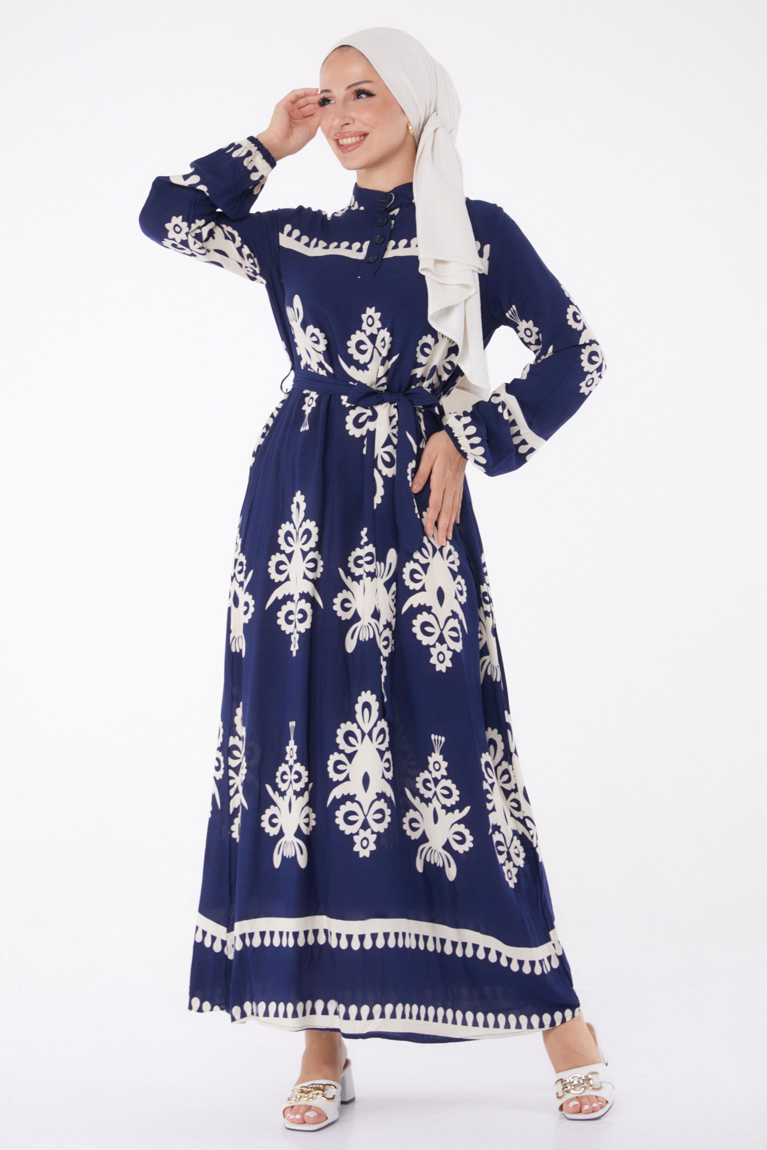 Desenli Kuşaklı Elbise Lacivert - 13267 - 3