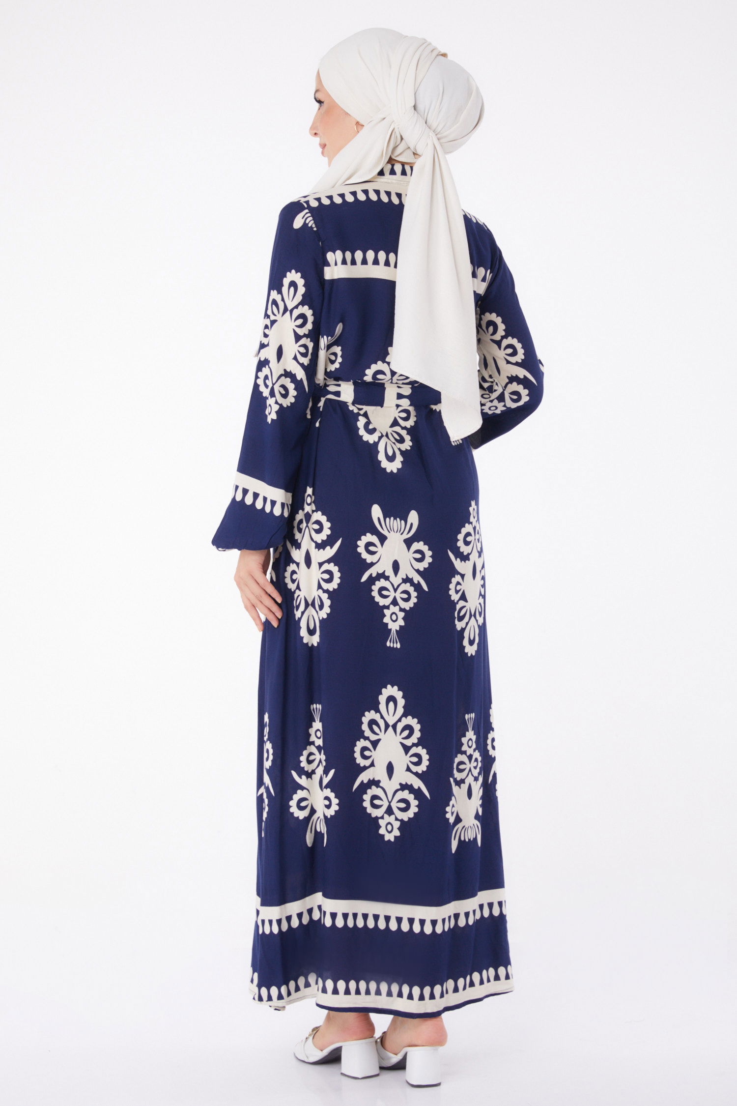 Desenli Kuşaklı Elbise Lacivert - 13267 - 5