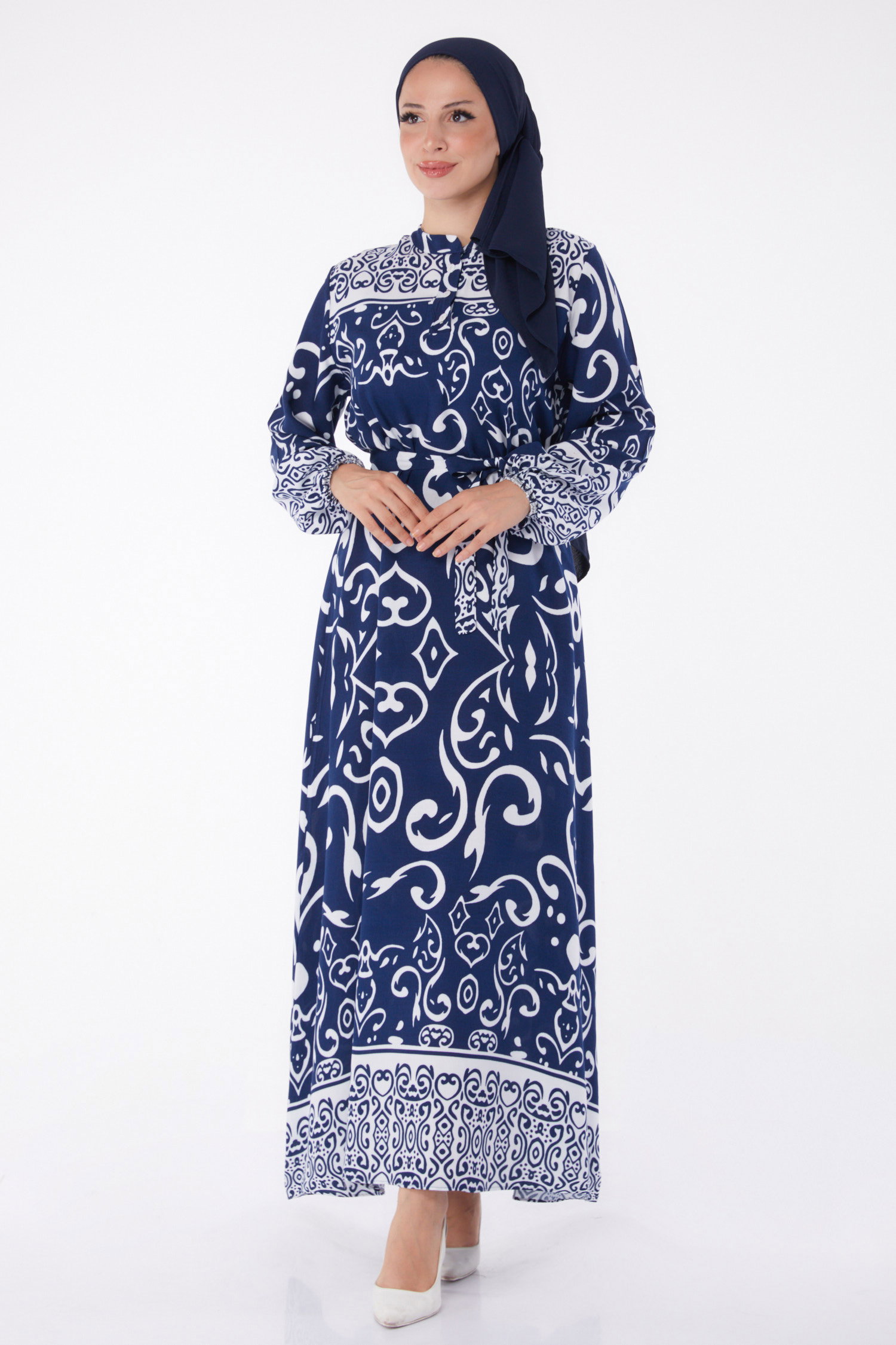 Desenli Kuşaklı Elbise Lacivert - 26014 - 1