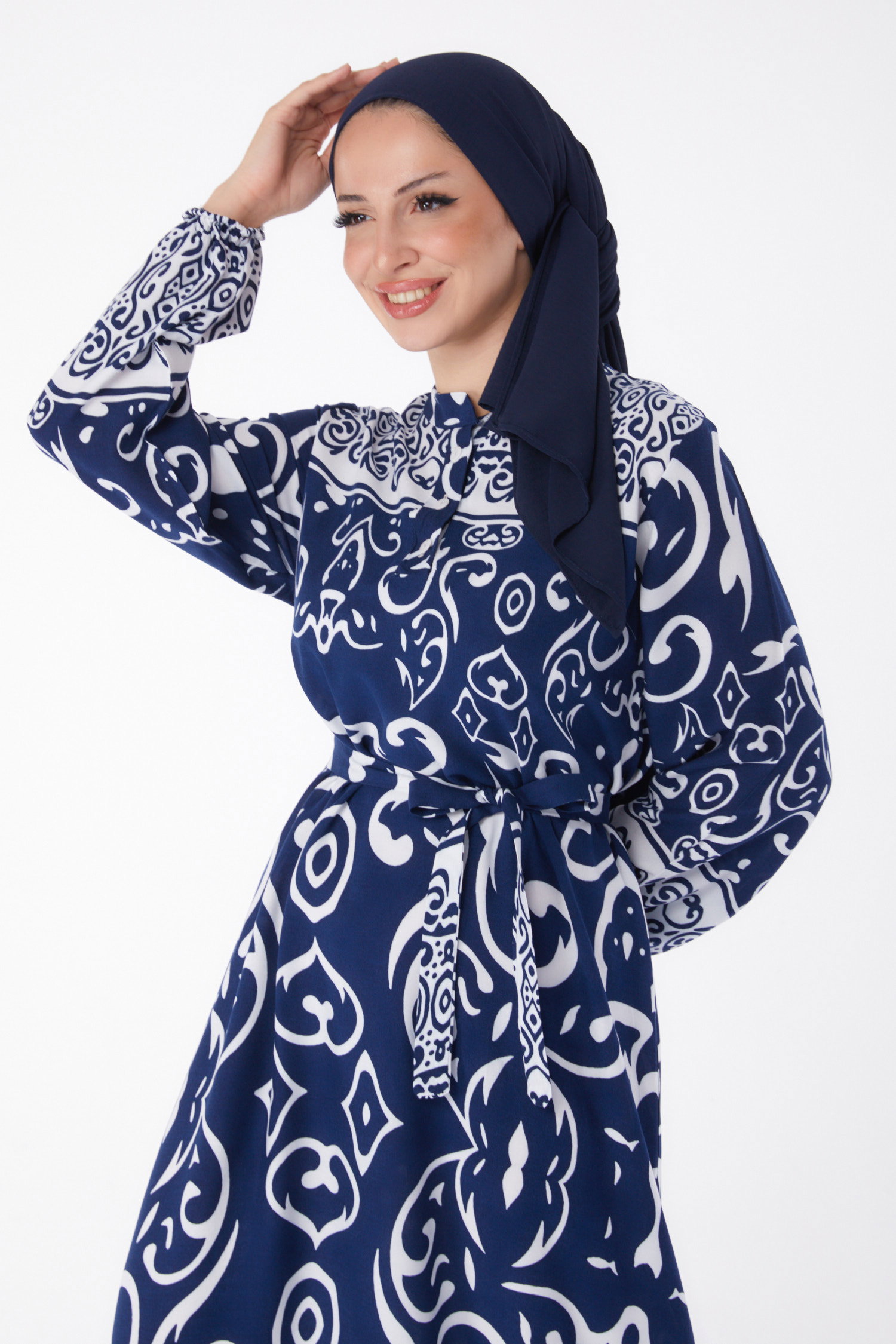 Desenli Kuşaklı Elbise Lacivert - 26014 - 2