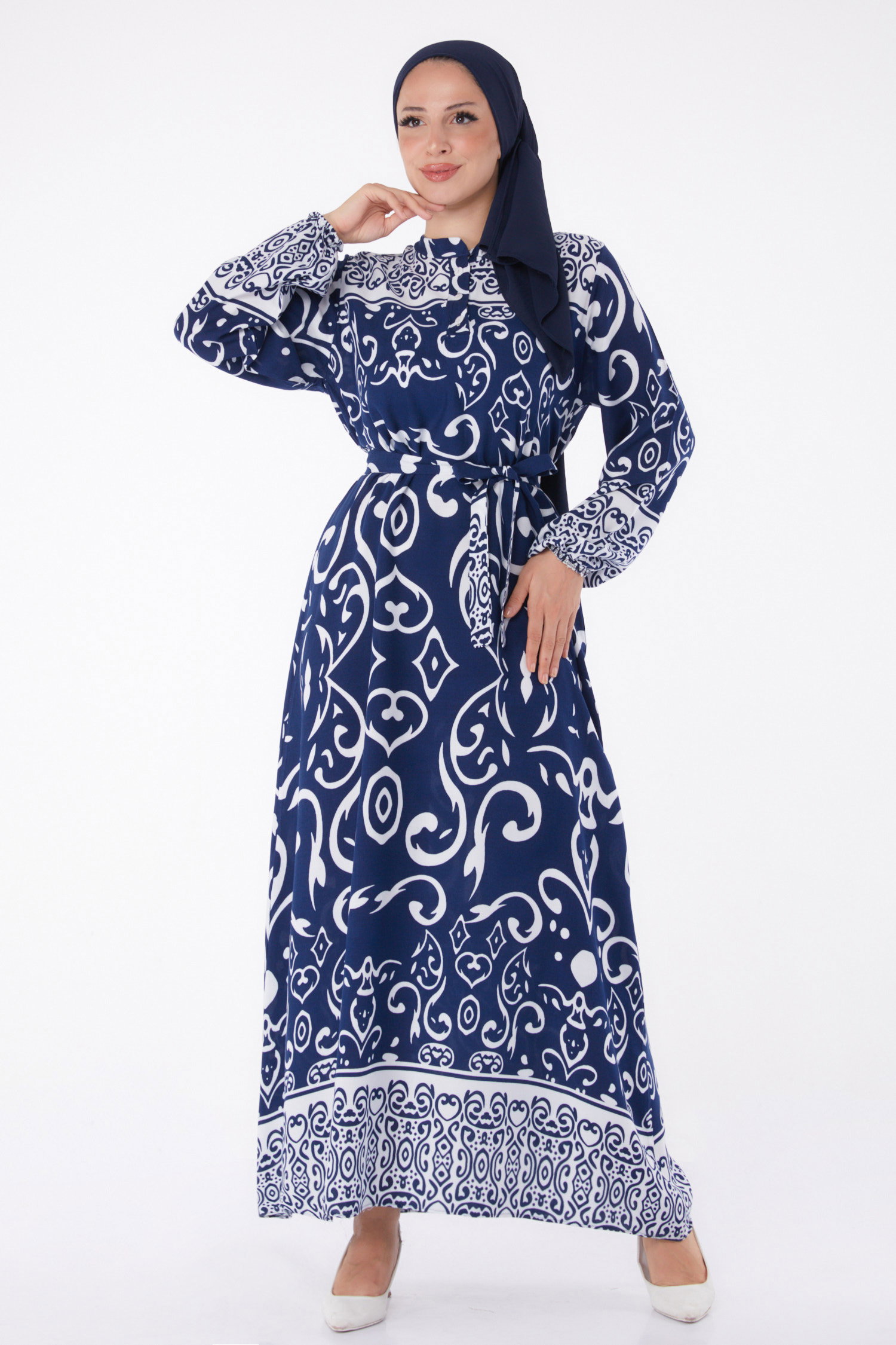 Desenli Kuşaklı Elbise Lacivert - 26014 - 3