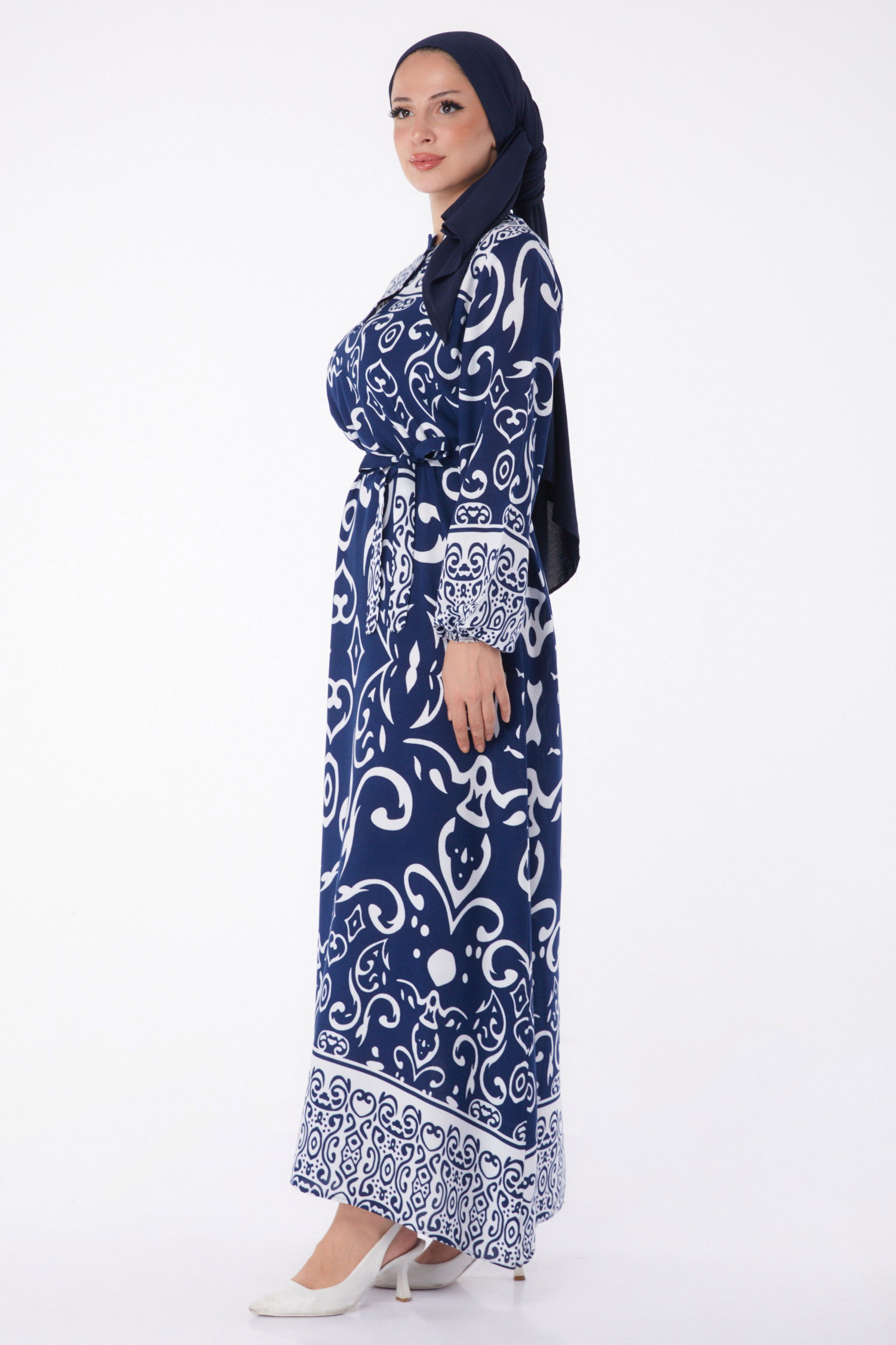 Desenli Kuşaklı Elbise Lacivert - 26014 - 4