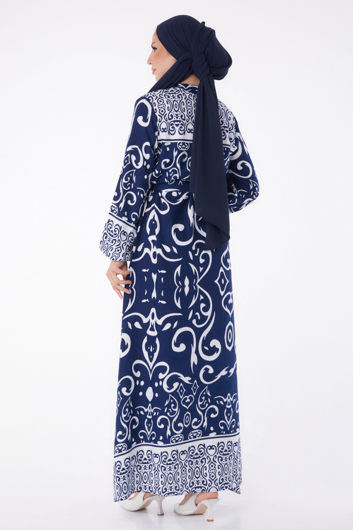 Desenli Kuşaklı Elbise Lacivert - 26014 - 5