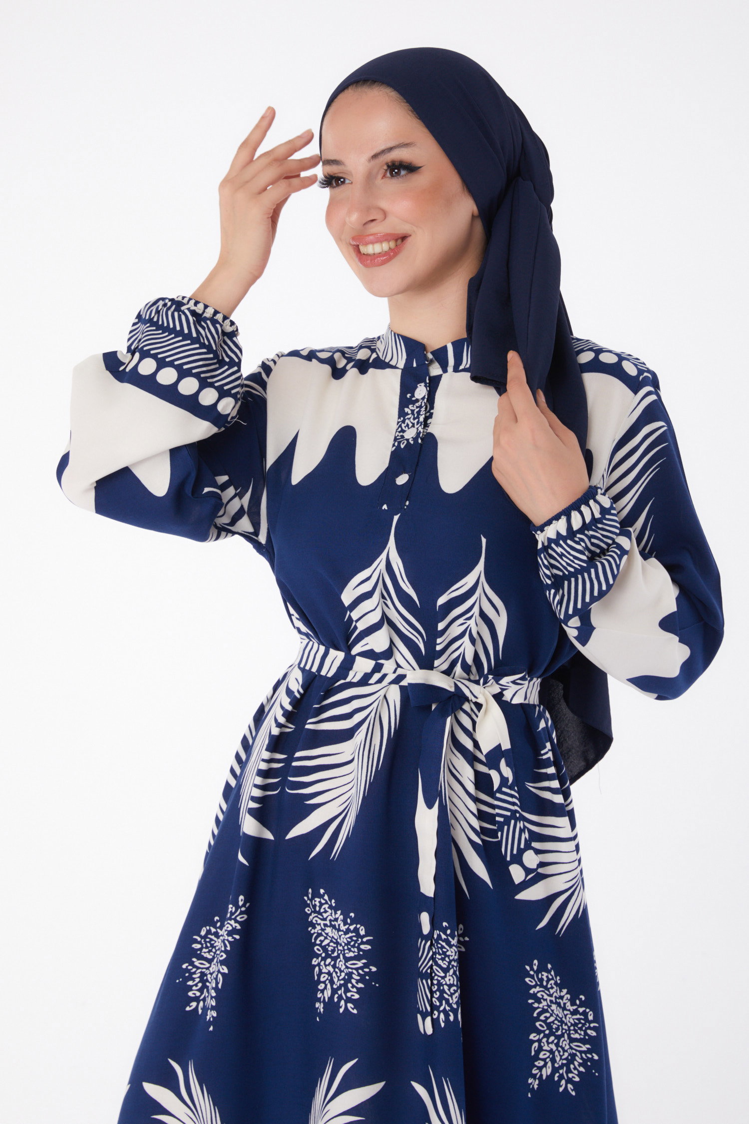 Desenli Kuşaklı Elbise Lacivert - 26015 - 3