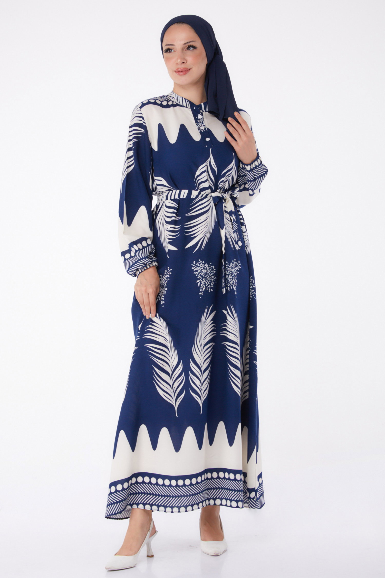 Desenli Kuşaklı Elbise Lacivert - 26015 - 4