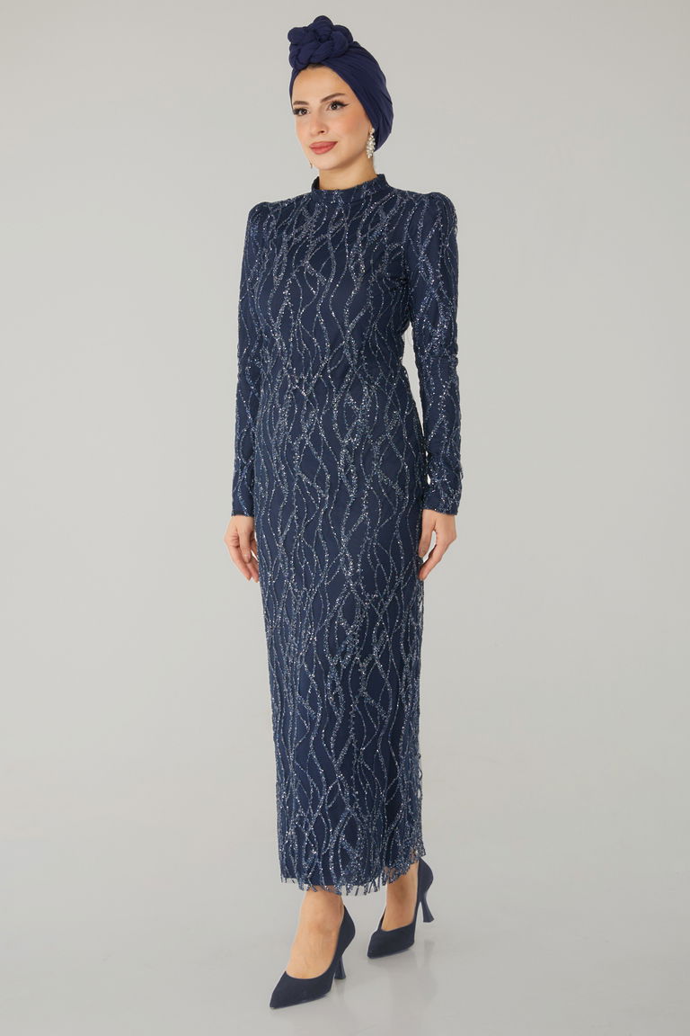 Işıltılı Abiye Elbise Lacivert - 26521 - TOFİSA
