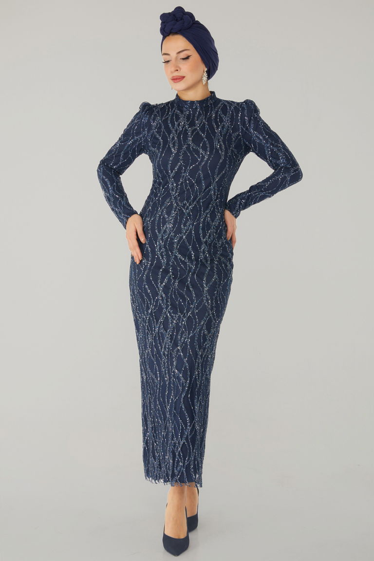 Işıltılı Abiye Elbise Lacivert - 26521 - TOFİSA